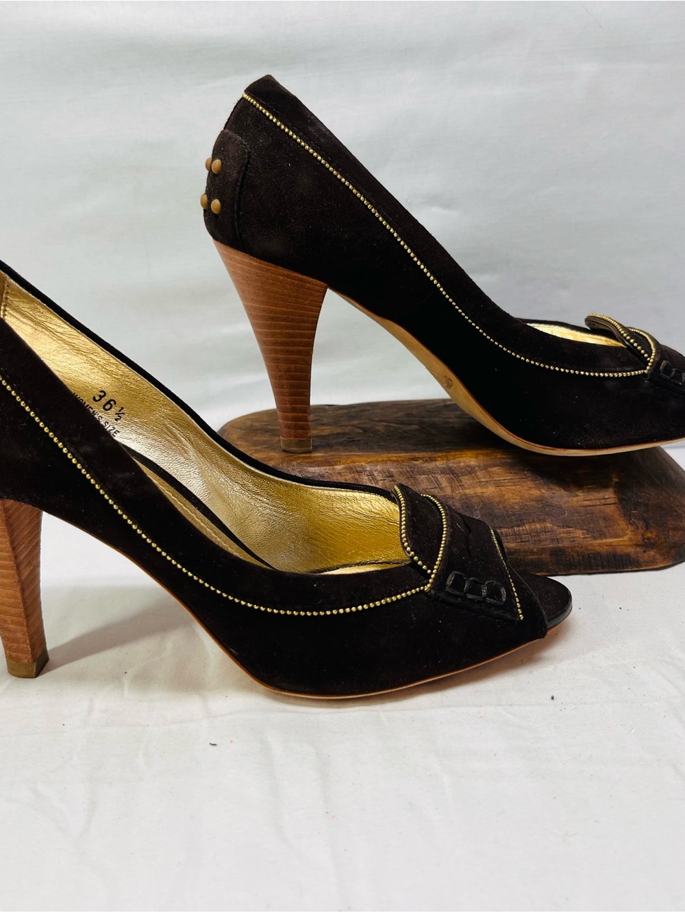 Vintage Tod's Brown Suede Peep-Toe Pumps with Wood Heel Y2K